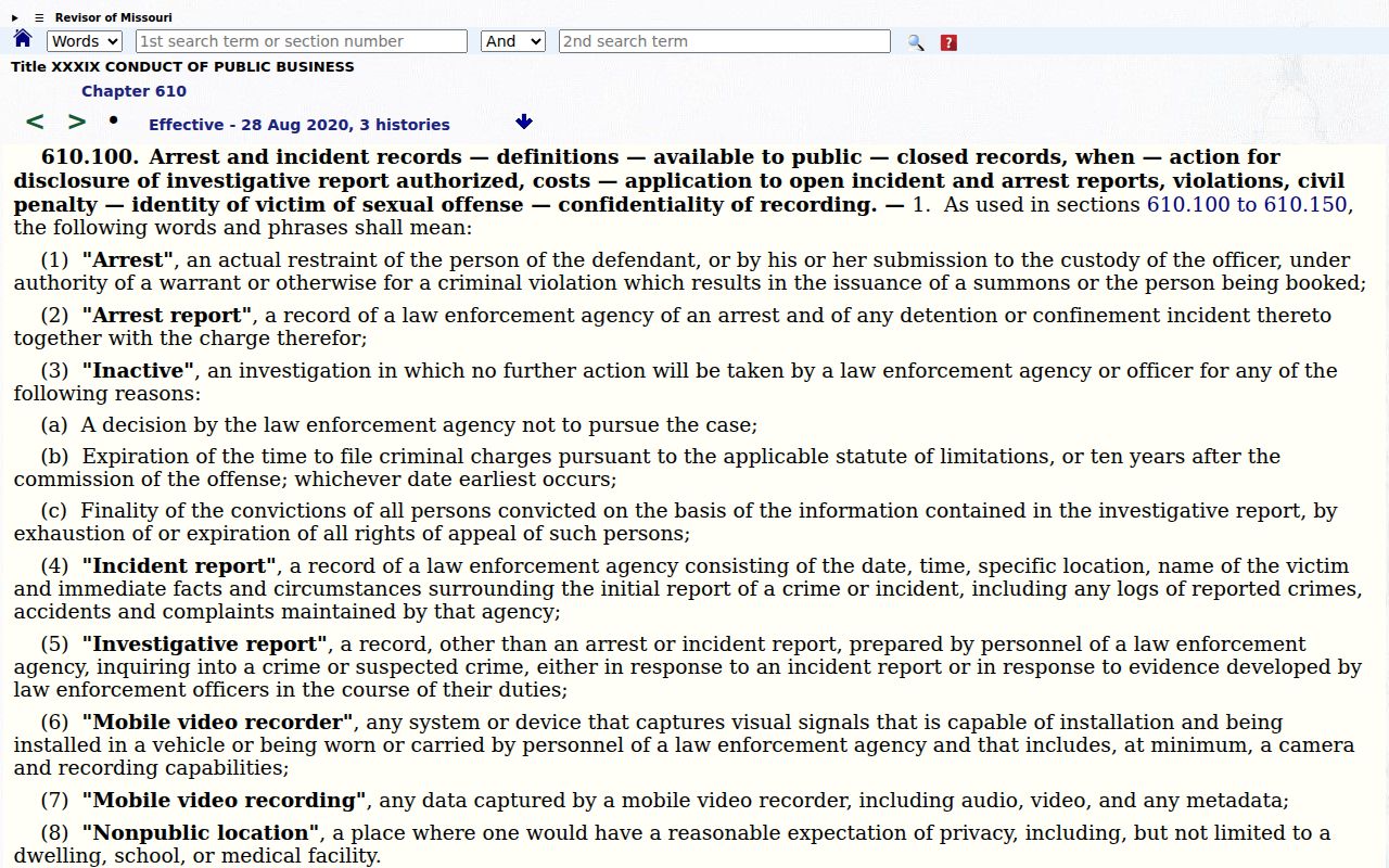 Schuyler County arrest records under Missouri section 610.100