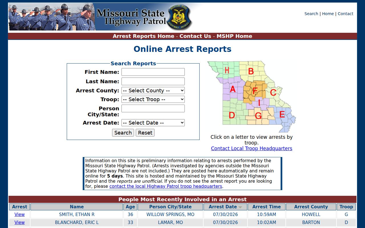 Schuyler County arrest search through the MSHP five-day arrest report